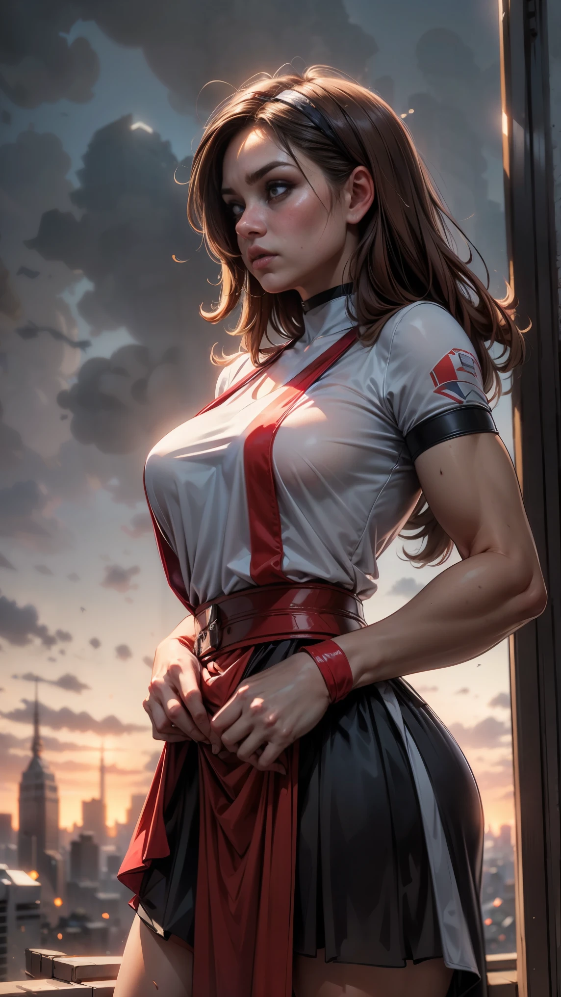 A modern-day warrior woman draped in her country's flag, standing atop a hill with a cityscape below, the scene rendered in dramatic lighting that emphasizes her strength and the dynamic composition of the patriotic theme.