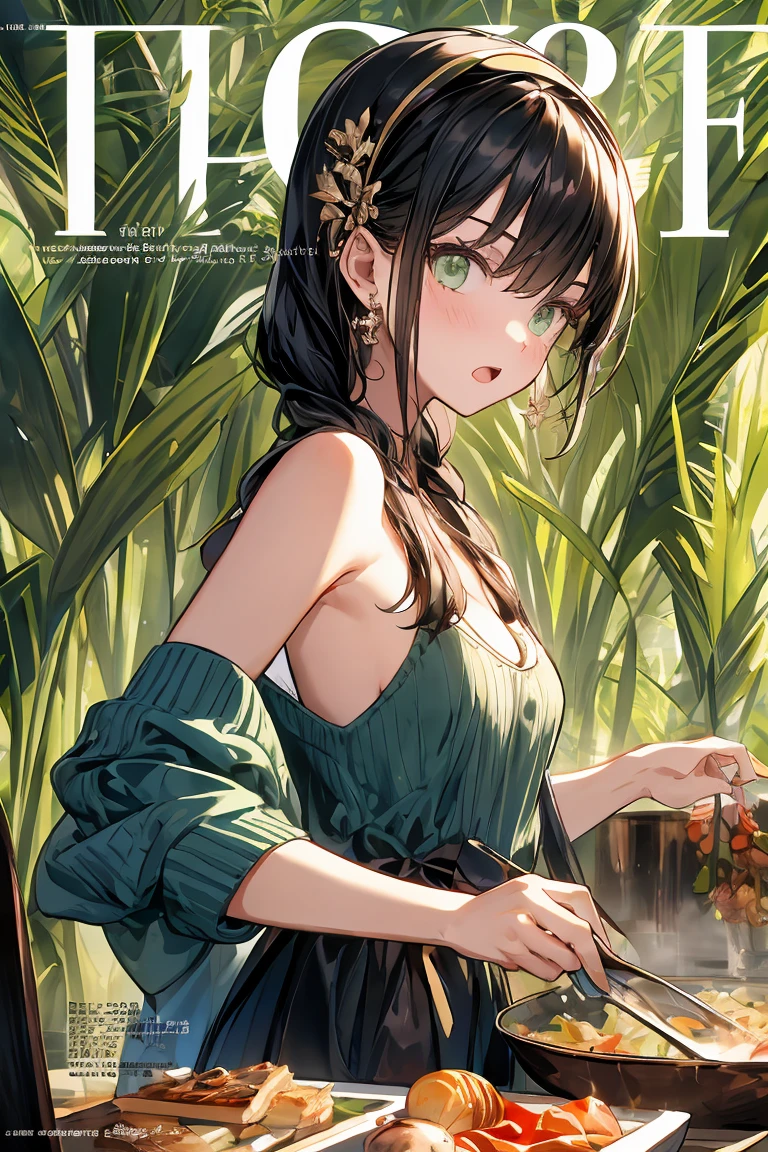 (small breasts:1.3), (perky chest:1.1), (pointed chest:1.0), (fashion magazine cover:1.3),(from below:1.0),(from side:0.9),masterpiece, 1girl, Amazing Cleavage:1.1, thin waist, big ass, Raised sexy, small breast: 1.3, posed cleavage:1.2、solo, looking at viewer, open mouth, have a cute grass of cute beergrass,black hair, dark green eyes, dress, bare shoulders, jewelry, collarbone, sidelocks, hairband, earrings, indoors, off shoulder, :o, sweater, arms behind back, plant, short hair with long locks, gild hairband, off-shoulder dress, sweater dress, off-shoulder sweater, red sweater, dark gord hair, big side hair, very long side hair,is rendered in (masterpiece: 1.2, best quality), with (ultra high resolution) and an exquisite (depth of field). This masterpiece is not only visually stunning but also tells,A scene of cooking in the kitchen by classroom