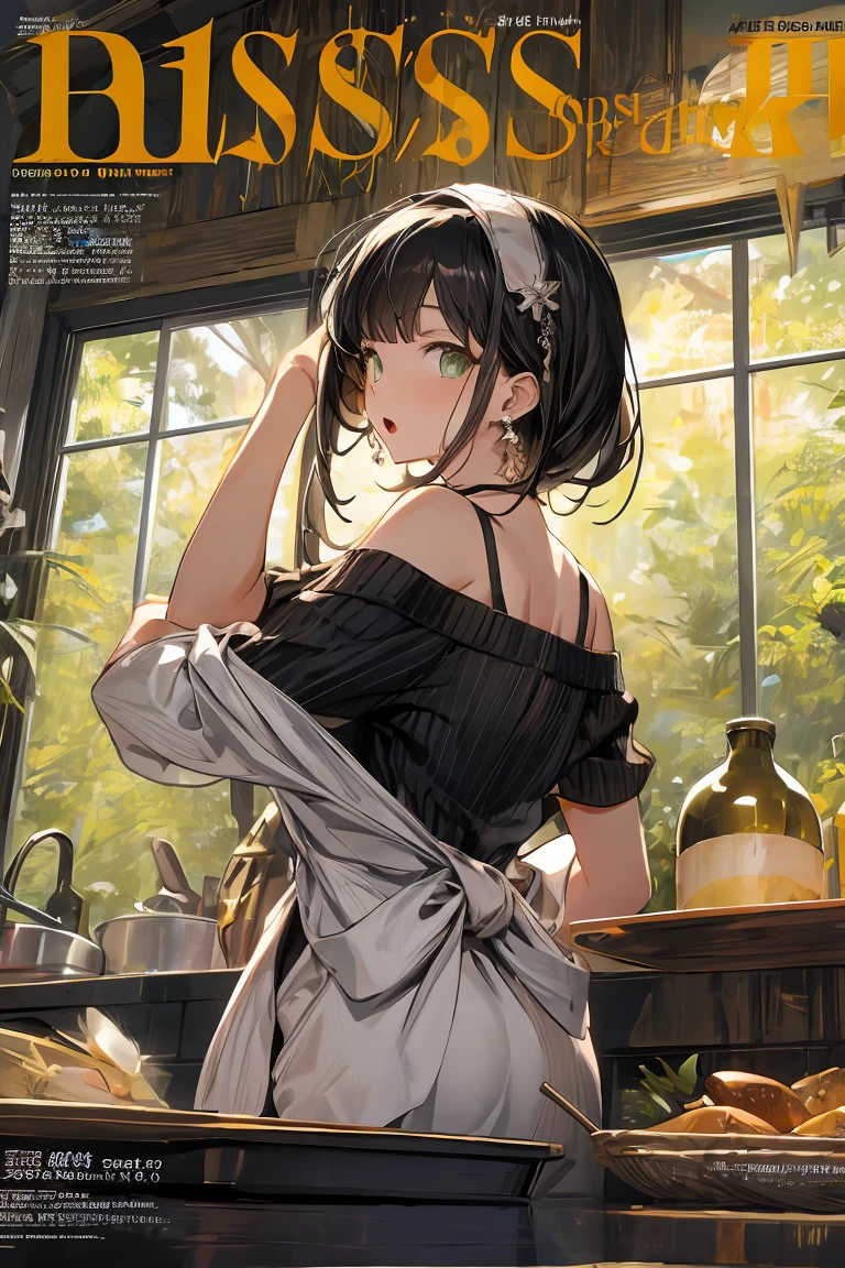 (small breasts:1.3), (perky chest:1.1), (pointed chest:1.0), (fashion magazine cover:1.3),(from below:1.0),(from side:0.9),masterpiece, 1girl, Amazing Cleavage:1.1, thin waist, big ass, Raised sexy, small breast: 1.3, posed cleavage:1.2、solo, looking at viewer, open mouth, have a cute grass of cute beergrass,black hair, dark green eyes, dress, bare shoulders, jewelry, collarbone, sidelocks, hairband, earrings, indoors, off shoulder, :o, sweater, arms behind back, plant, short hair with long locks, gild hairband, off-shoulder dress, sweater dress, off-shoulder sweater, red sweater, dark gord hair, big side hair, very long side hair,is rendered in (masterpiece: 1.2, best quality), with (ultra high resolution) and an exquisite (depth of field). This masterpiece is not only visually stunning but also tells,A scene of cooking in the kitchen by classroom