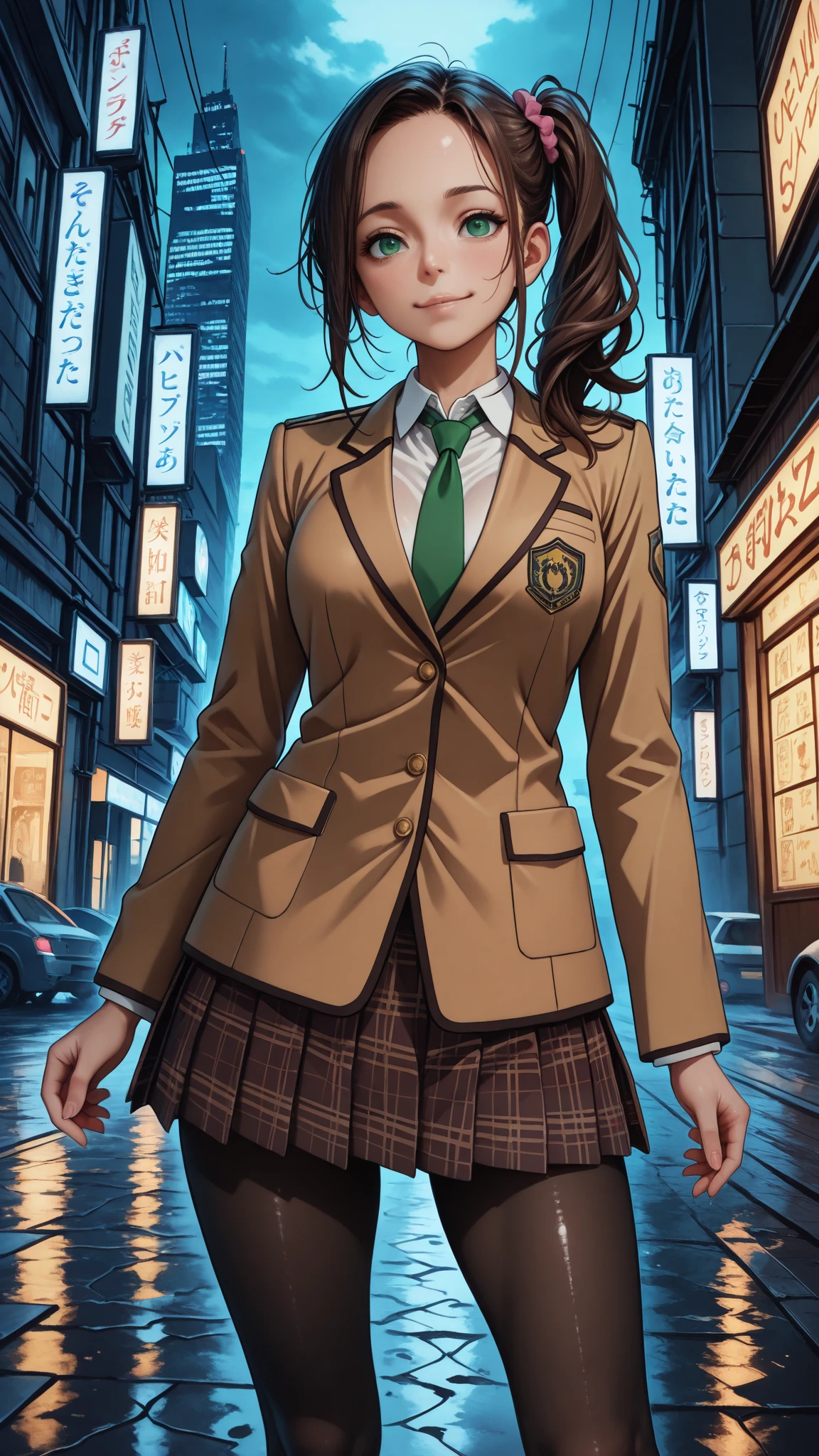 nsfw, masterpiece, best quality,amazing quality, realistic detailed CG, ultra-detailed,Sharp Focus, high contrast, 1girl, detailed green eyes, slightly smile, detailed semi-long hair, dark brown silky hair,  forehead, sliced back hair, side ponytail, contrapposto, Captivating thighs, uniform, brown blazers, (hads in pocket, unbutton), Green tie, Plaid Pleated Skirt, black tights, rainy cyber city, at night