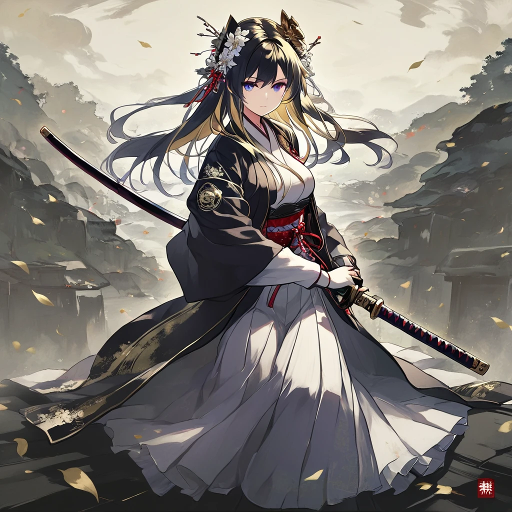 1 woman. long hair. dark black fading into gold hair, deep black hair. tall. busty. dressed in a Japanese haori and hamaka. peaceful and stoic in a zen garden. intricate and detailed gold eyes. pale white skin. She is holding a katana. battoujutsu stance. battoujutsu. wearing a thorn crown with gold flowers on her head.