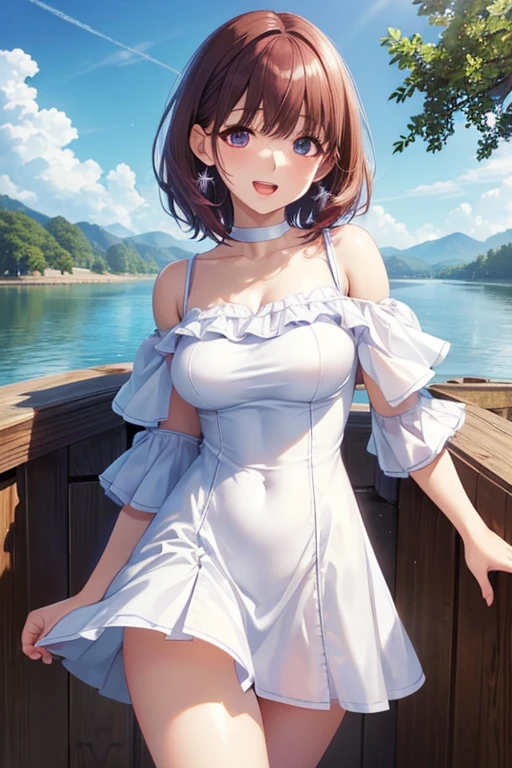 1girl, natural lighting, masterpiece, highly detailed, illustration, game CG, absurdres, high quality, aichan, large breasts, blue eyes, beautiful detailed eyes, short brown hair, side braid, collarbone, spaghetti strap top, short shorts, cowboy shot, glossy lips, garden, natural lighting, (((anime art style)))