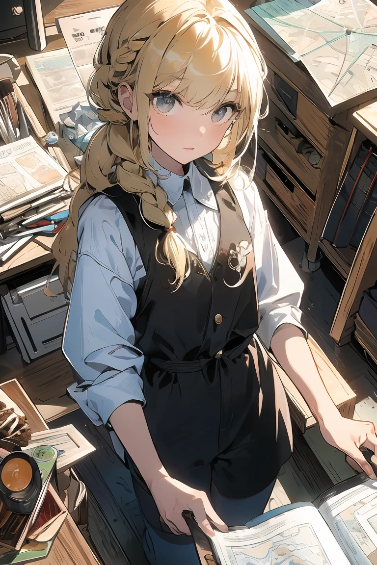 (from above:1.2,Best Quality),a girl , platinum color hair、masterpiece, highest quality, Very detailed, 16k, Ultra-high resolution, Cowboy Shot, One  girl, Detailed face, Perfect Fingers, Golden Eyes, Blonde, Braid, A vest with many pockets, Shorts, Exploring knife, Safari Hat, compass, telescope, map, A cluttered room with lots of small items, Organizing tools