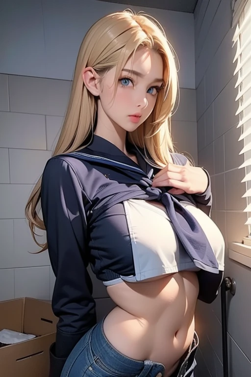 finest, masterpiece, High resolution, A pretty 20-year-old girl with a young face and a young man with an erect penis、close up of face、sailor suit、all the buttons on the jacket are undone、nipples are visible.（small nipples、Areolas are a natural pink color）、small breasts（:2.0）blonde hair、Embarrassed and crying expression、lie on your back、beautiful pussy（Pubic hair is starting to grow）、Insert a young man&#39;s penis into your pussy（have sex in the pussy）、Dynamic angle from above、Unstoppable moaning、heavy breathing、sweaty bangs、I feel it and open my legs、climax、