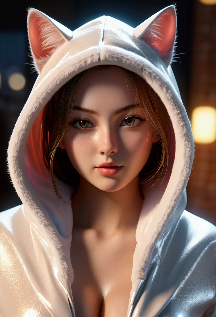  sexy girl,Cat coat with a hood with   , shiny eyes , soft radiant skin , big breasts revealing shiny,  seductive washes ,Take off your clothes , Photorealistic,4k,radiant lighting , detailed face,Picara expression ,anime art,3D,realistic skin