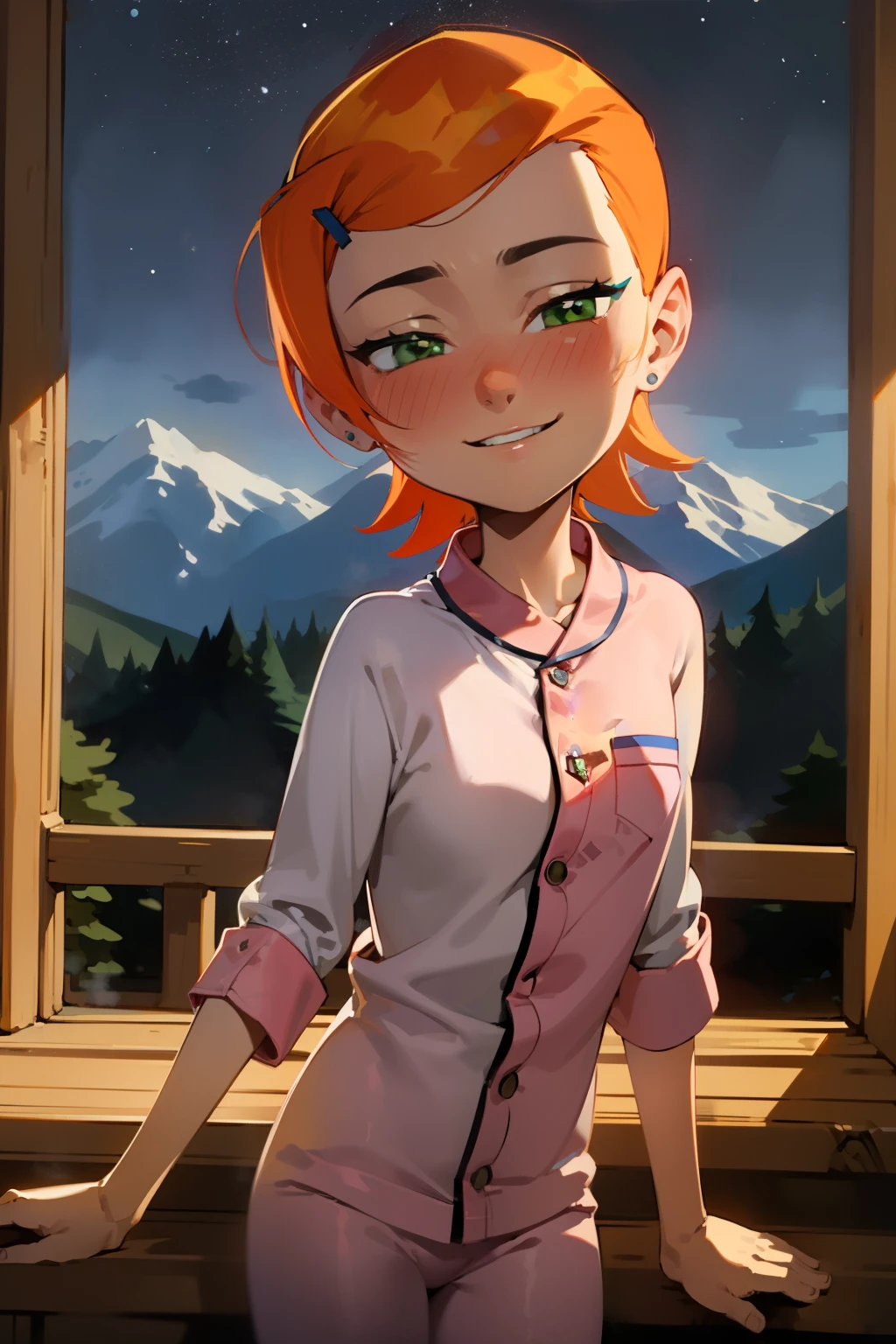 (Masterpiece), Best Quality , ultra-detailed, 1girl (Gwendolyn_Tennyson, breasts, naked body, orange hair, short hair, green eyes, half-closed eyes), a come-hither face, wicked smile, parted lips, solo, facing viewer, looking at viewer, sundress, forest, in the mountain cabin, night time, dark lighting, standing, come-on, hands up, wind, skirt lift, love juice flows out of her pussy