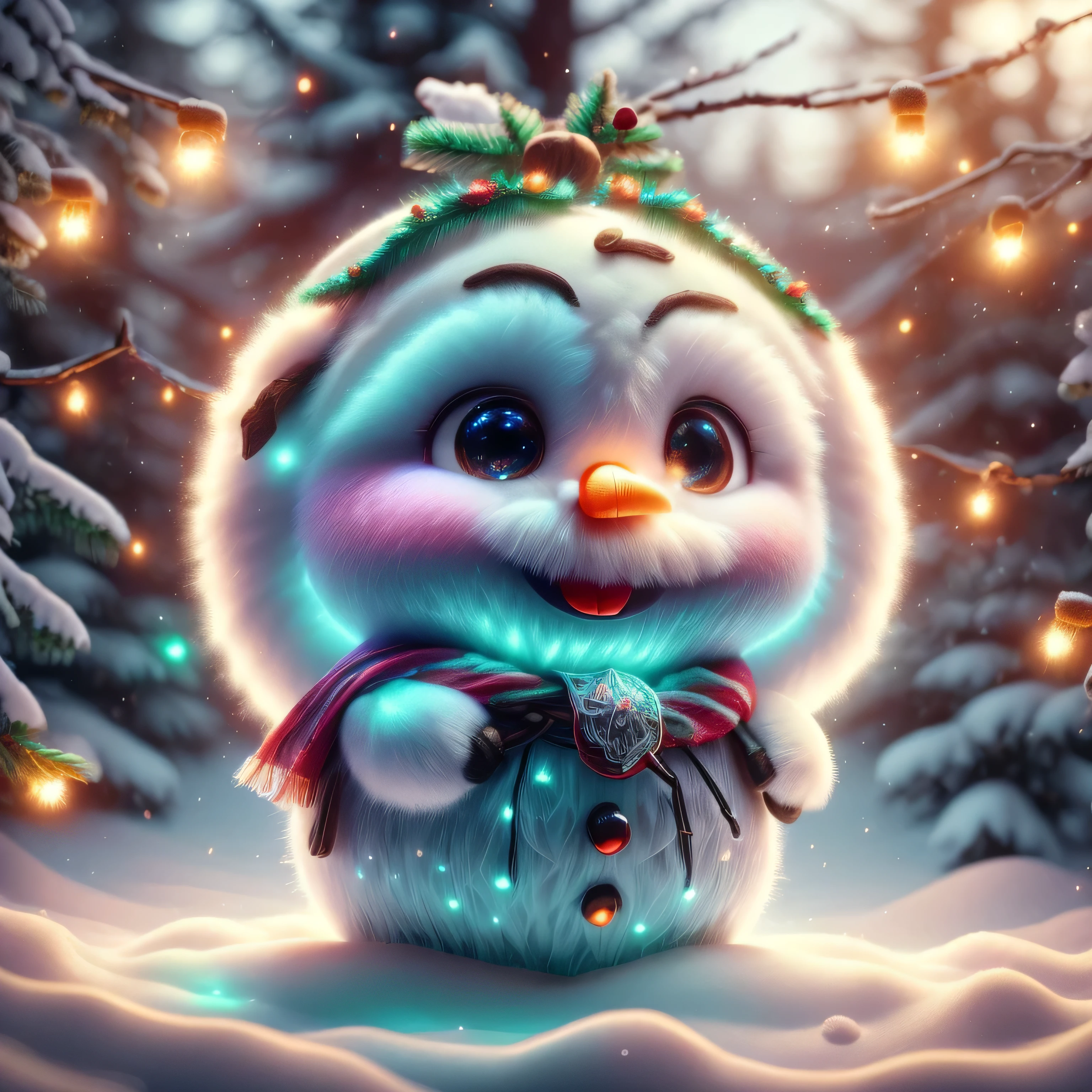 (Best Quality, Super Detail, Masterpiece, Representative Work, Official Art, Professional, Super High Detail, 8k:1.3), (Full Body) Very cute snowman Olaf from the movie 'Frozen'. He is smiling and standing on a snowy hill surrounded by glittering snowflakes under a bright blue sky. In the background is a winter forest with snow-covered trees. Olaf is wearing a red scarf and has cute twig handles. Add elements of fun, such as snow falling around and little frosty joys, to keep his mood positive, blurred background, fantasy, Gouves style artwork, realism: 1.37, (super fine fantasy art), masterpiece, high quality design and accurate physics (super accurate fantasy style)) art, dark fantasy style)), super accurate design and accurate physics), color, depth of field, shadows, ray tracing, (accurate simulation of the interaction of light and materials)], intricate Christmas decorations, glowing garlands, sparkling decoration, natural light, soft background, photorealistic, sparkling eyes, sharp focus, glowing skin, cute and mischievous look, hint of mischief, dreamy atmosphere, Super glossy effect, delicate details, soft ambient light, (Backlight:1.3), (Cinematic:1.2), intricate details, (ArtStation:1.3)