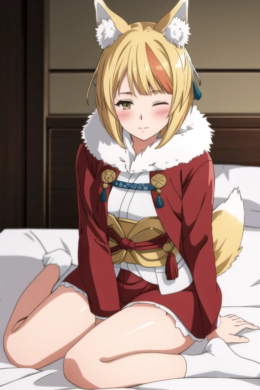 selkie fe, 1girl, solo, looking at viewer, blush, sitting, on bed, thick thighs, japanese clothes, fur trim, one eye closed, blonde hair, red highlight, dynamic angle