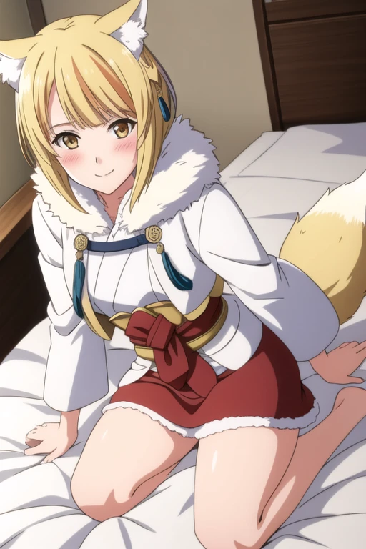 selkie fe, 1girl, solo, looking at viewer, blush, smile, on bed, thick thighs, japanese clothes, fur trim, blonde hair, red highlight, dynamic angle