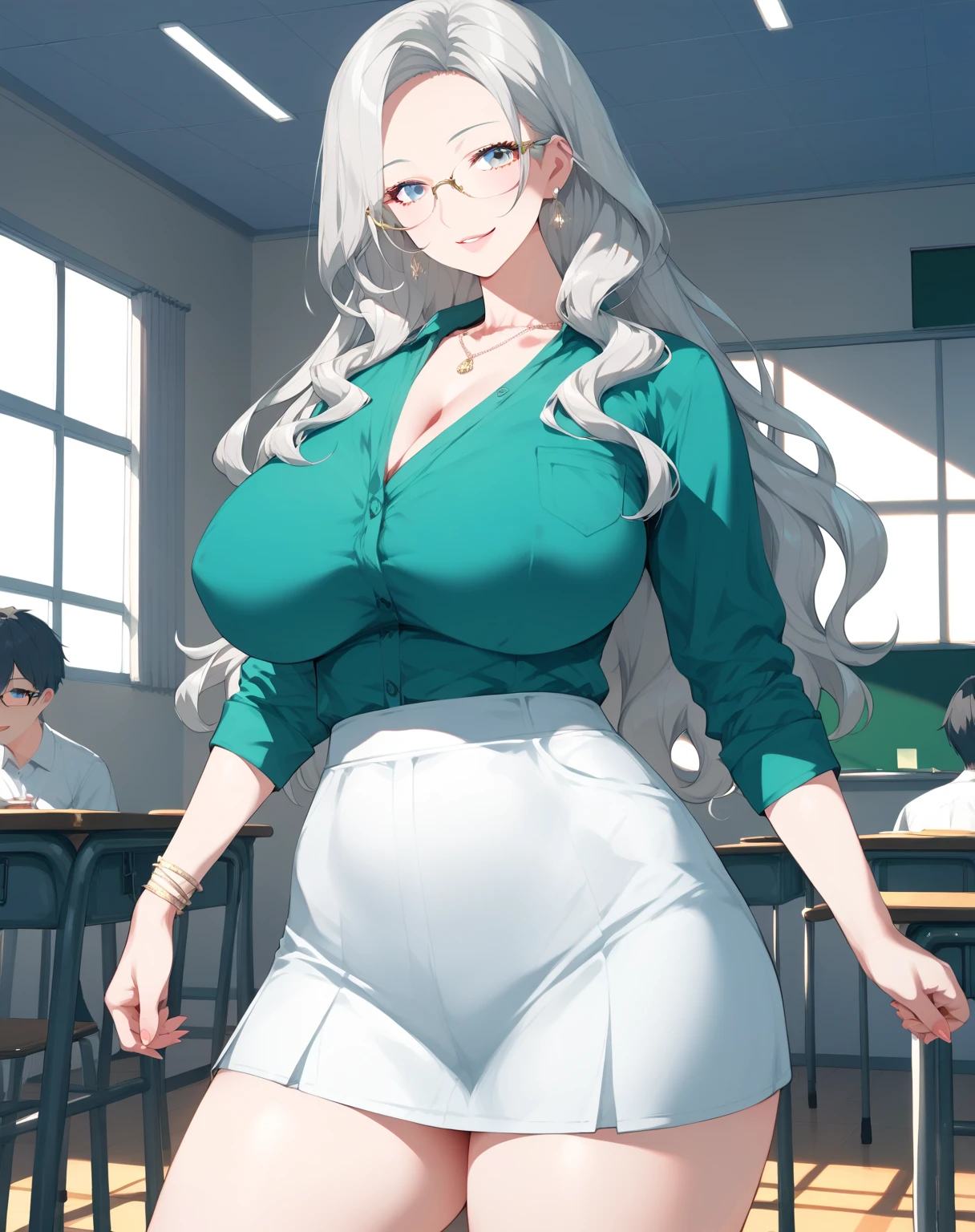 score_9, score_8_up, score_7_up, source_anime, 1girl, sexy woman, mature, huge breasts, large breasts, curvy, voluptuous, grey hair, blue eyes, parted bangs, straight long hair, green shirt (neckline), short white skirt, glasses, earrings, jewelry, smile, standing, hands on hips, classroom, indoors, multiple students in th background