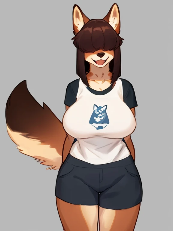 By bebebebebe, by lostgoose, by goonie-san, female, ((canine, snout, hair covering eyes, straight hair, medium hair, flat hair, ears, thin snout)), brown fur, big poofy tail, raised tail, dark maroon hair, ((muscular, big breasts)), solo, smiling, happy, open mouth, saying hello, excited, excited hand motions, looking at viewer, graphic tee shirt, short shorts, speech bubble