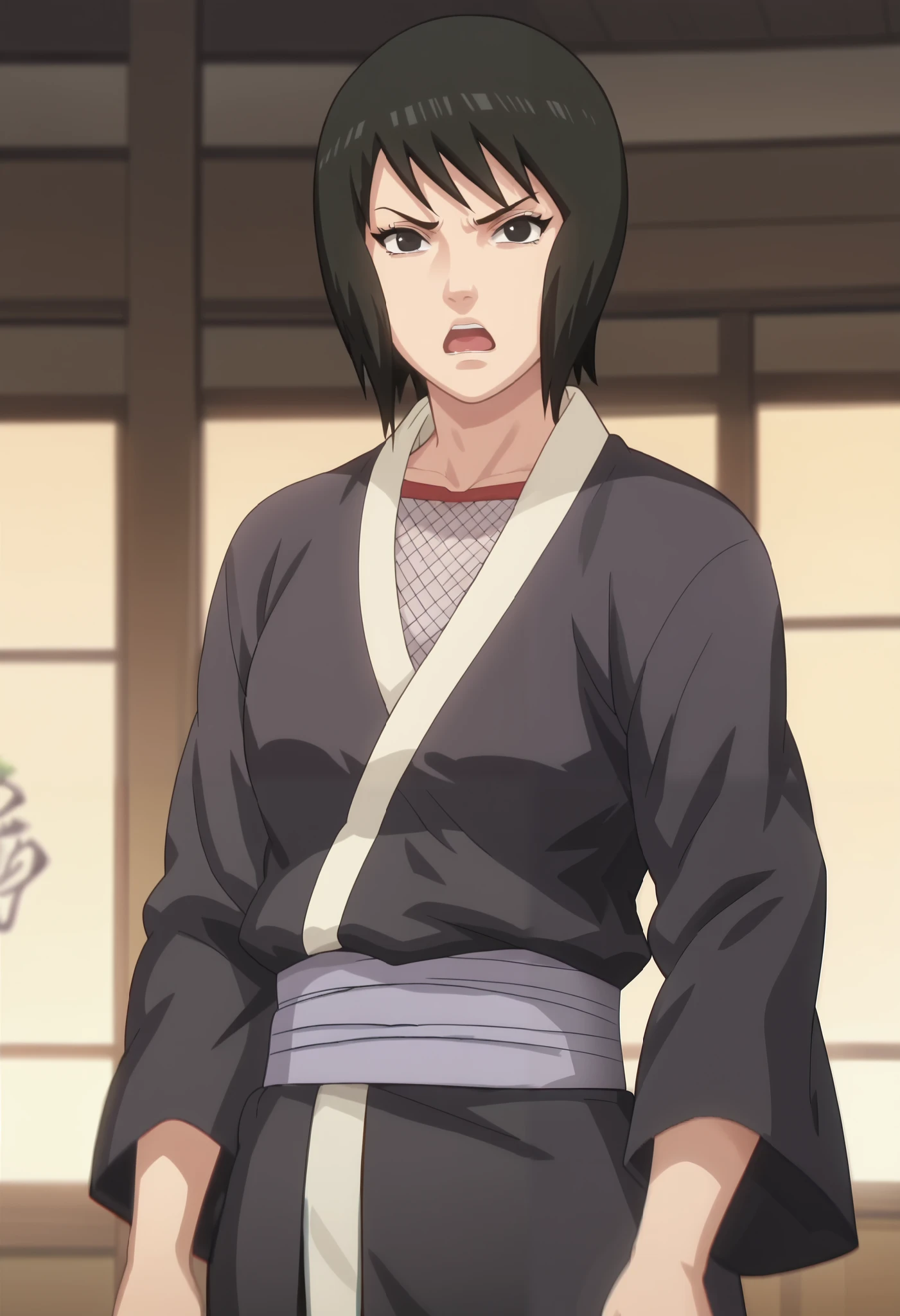 score_9, score_8_up, score_7_up, anime screencap, BREAK, shizune, 1girl, solo, mature, japanese clothes, short hair, fishnets, ninja, kimono, looking at viewer, standing, serious look, open mouth