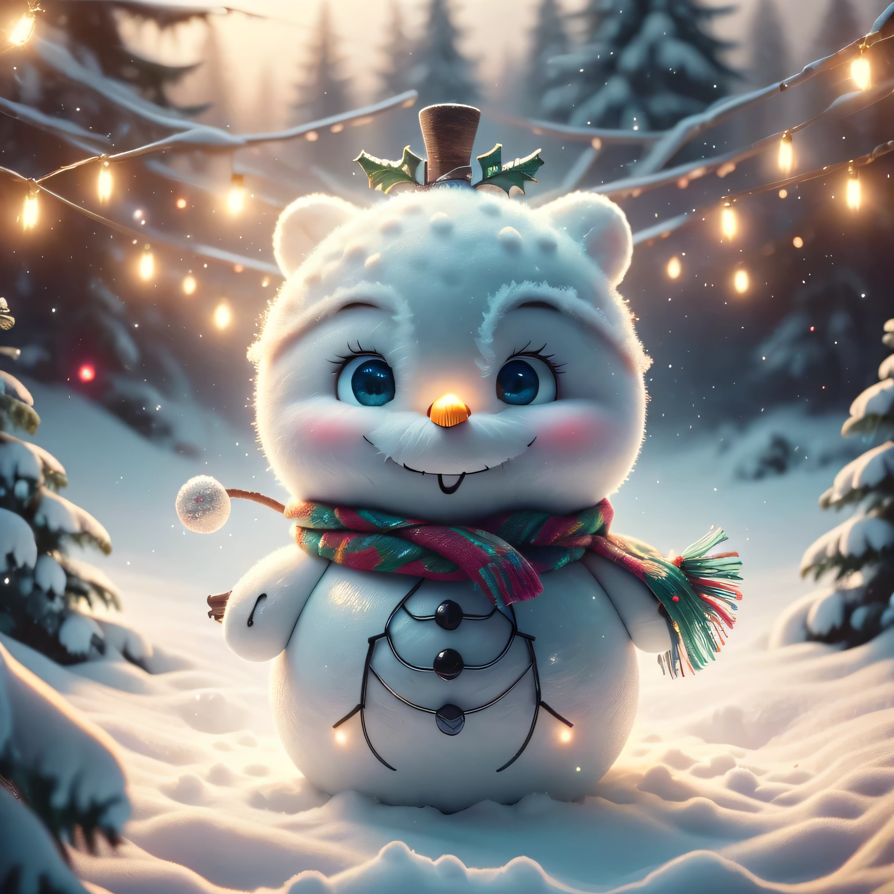 (Best Quality, Super Detail, Masterpiece, Representative Work, Official Art, Professional, Super High Detail, 8k:1.3), (Full Body) Very cute snowman Olaf from the movie 'Frozen'. He is smiling and standing on a snowy hill surrounded by glittering snowflakes under a bright blue sky. In the background is a winter forest with snow-covered trees. Olaf is wearing a red scarf and has cute twig handles. Add elements of fun, such as snow falling around and little frosty joys, to keep his mood positive, blurred background, fantasy, Gouves style artwork, realism: 1.37, (super fine fantasy art), masterpiece, high quality design and accurate physics (super accurate fantasy style)) art, dark fantasy style)), super accurate design and accurate physics), color, depth of field, shadows, ray tracing, (accurate simulation of the interaction of light and materials)], intricate Christmas decorations, glowing garlands, sparkling decoration, natural light, soft background, photorealistic, sparkling eyes, sharp focus, glowing skin, cute and mischievous look, hint of mischief, dreamy atmosphere, Super glossy effect, delicate details, soft ambient light, (Backlight:1.3), (Cinematic:1.2), intricate details, (ArtStation:1.3)