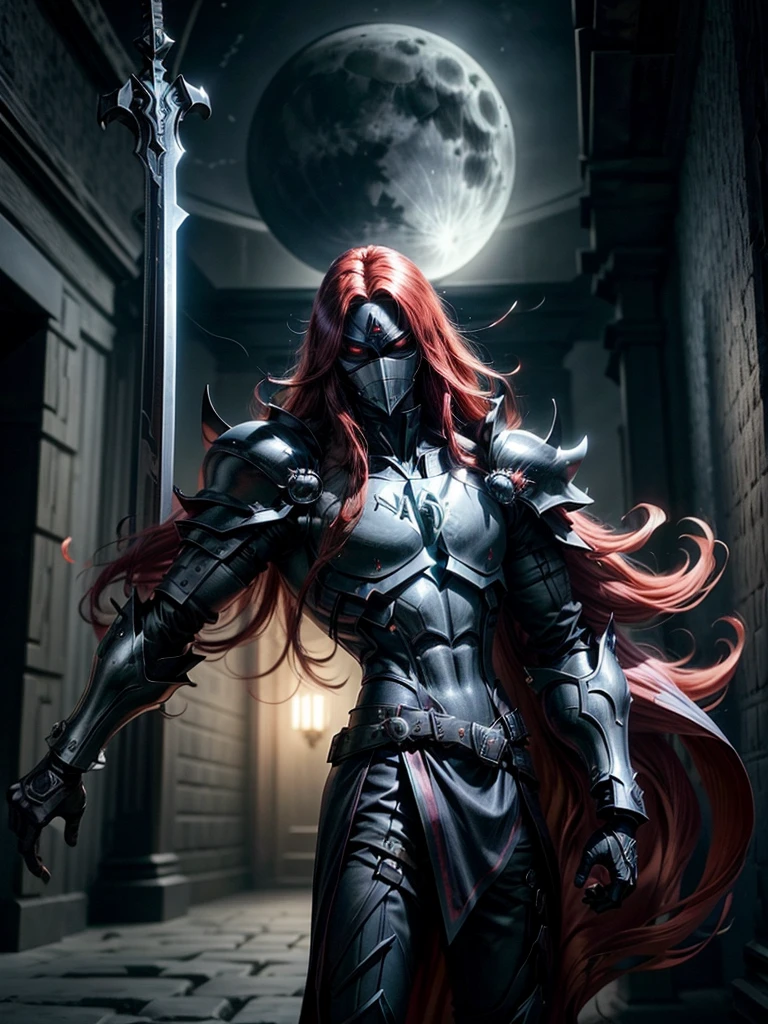 Neo Cavaleiro male long red hair ,Totally black iron mask and sword and shield with moonlight in the background. (Put the name NEO in the image)