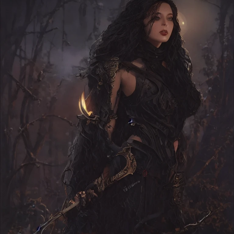 Arafed woman in a black dress holding a sword in a forest - SeaArt AI