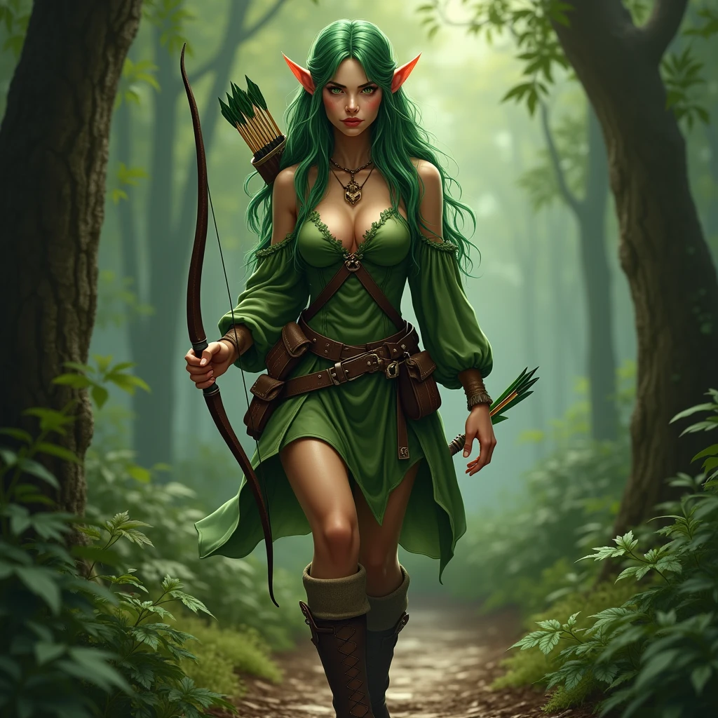 Beautiful forest female elf, rosto bonito,corrompida pelo mal, Evil countenance nice body, cabelo preto, vestindo armadura, capa verde, em uma floresta, 8k, extremamente detalhado, ultra realista