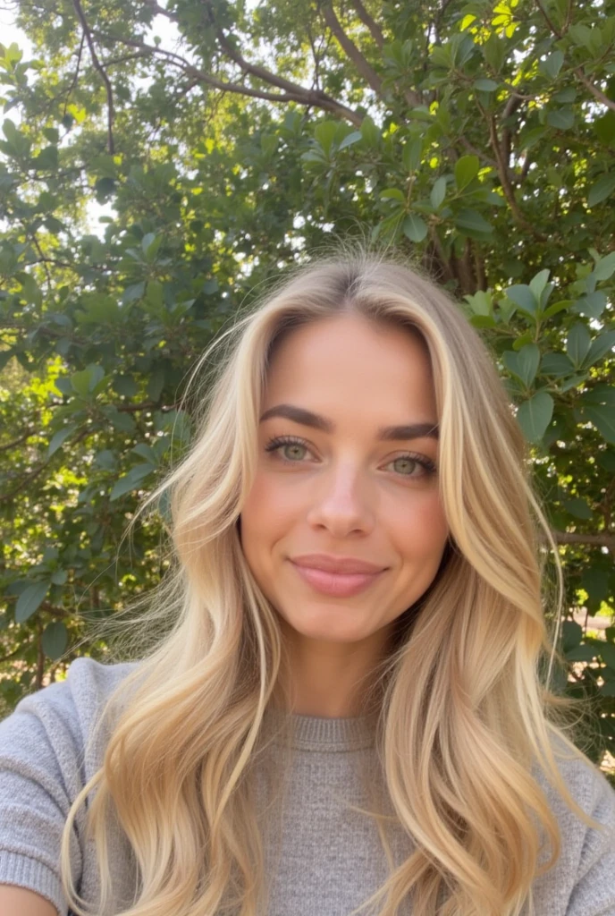 A 23-year-old woman with blonde hair that has light brown roots and large blue eyes, exudes an ethereal beauty as she takes a selfie in a digital library. Dressed in a tight black blouse that reveals a hint of cleavage, she sits in front of a bookshelf filled with ancient tomes, her long blonde hair falling gracefully over her shoulders. The image, captured in 4k high definition, is a true-to-life masterpiece with exceptional quality, showcasing every intricate detail of her features and the surrounding environment. The library's soft, natural light illuminates her face and the pages of the books, creating a cinematic and