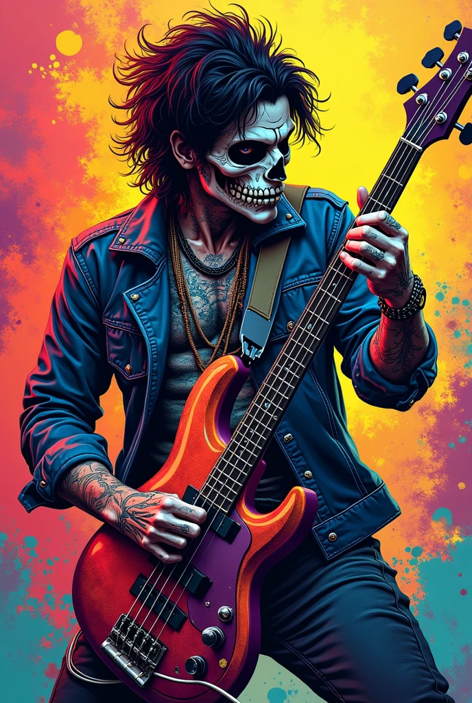 a painting of a man with a guitar, nychos art aesthetic, in the style dan mumford artwork, by Dan Mumford, josan gonzales and dan mumford, dan mumford and pixar, dan mumford. maya render, painting by dan mumford, blacklight poster, concert poster retro, heavy metal art style, ( ( ( ( ( dan mumford ) ) ) ) ) --auto --s2