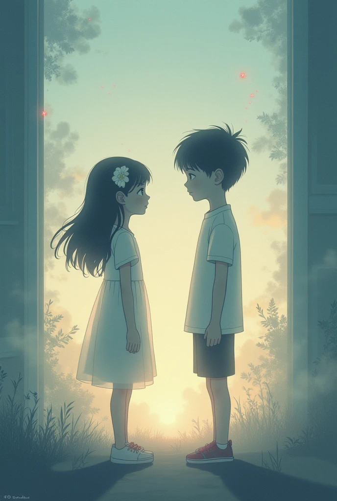 A boy and girl enime in white dress with sad face
