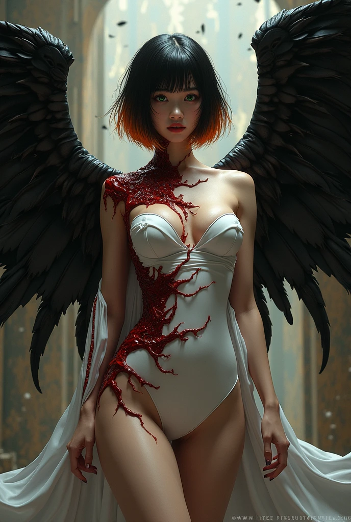Master painting, 8K picture quality, master painting, 8K picture quality, small chest, demon wings, delicate eye portrayal, delicate facial features portrayal, delicate body portrayal, delicate makeup depiction, red leather coat, black long hair, slender body, open chest, long legs, ((exposed)) ((injured)) full of blood, looming, gorgeous jewelry, chest
