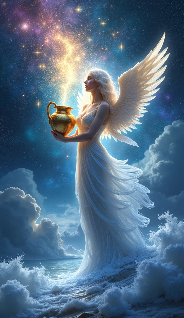 Create a vibrant and youthful scene for the "Page of Chalices" card, inspired by the Rider-Waite deck, but with an angelic twist. Depict a graceful and androgynous angelic figure dressed in flowing robes of soft blues and whites, standing near a tranquil shoreline. The angel holds a golden chalice in one hand, gazing at it with curiosity and wonder as a small, ethereal fish emerges from the cup, symbolizing intuition and creativity. The angel's wings are gently spread, shimmering with a light that reflects the calm waters below. The background should feature a serene landscape with a calm ocean and a clear sky, with soft, warm light illuminating the scene. The overall atmosphere should convey a sense of innocence, new beginnings, and emotional exploration, in keeping with the angelic theme of the Lumen Angelis tarot deck.