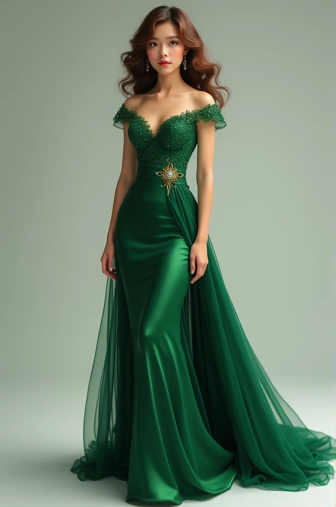 Arad woman in dress standing on a wooden staircase, exquisite face， light half opened dress, luxury dress, opened dress, elegant dress, Cotton dress, long dress,  wearing an elegant dress, vine dress, light green dress, Gorgeous young  woman with long brown hair, sexy dress, dress，Abdominal muscles，Bust photo