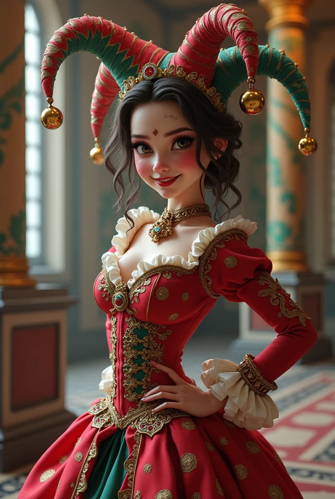 A Beautiful Dickensian High Society Lady Goblin With Dark Red Hair, Green Skin. Large Deep Blue Eyes, Beautiful Thick Eyebrows . Round Face, Kinky Afro Hair. Hair. Cute Nose, Full Heart Shaped Red Lips. Dazzling Smile. Wide Hips. Black And Red Dress. Hoop Skirt. Wholesome Look, Exudes An Innocent Grace, FIT, . Hourglass Figure, . Pencil THIN WAIST. WHIMSY. Official Art, Award Winning Digital Painting, Digital Illustration, Extreme Detail, 4k, Ultra Hd, Rococo, Polished, Intricate, Realistic Fantasy Art, Sharp Focus, Concept Art, Art By Wlop, Artgerm, (2d Vector Illustration)