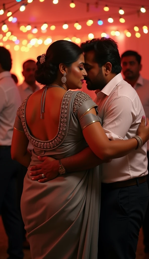 A 20 year old plus sized South Indian bride kissing and hugging a 70 year old groom, the crowd is cheering , full body image 