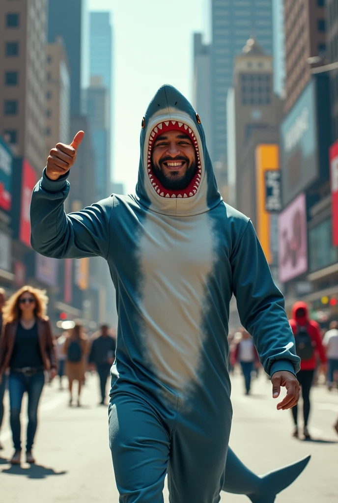 Strong, hairy, bearded mixed race man, smiling, with a shark head costume on his head, with navy blue underwear with “MOCANO” written in large capital letters on the elastic of the underwear, with a curious man watching nearby.