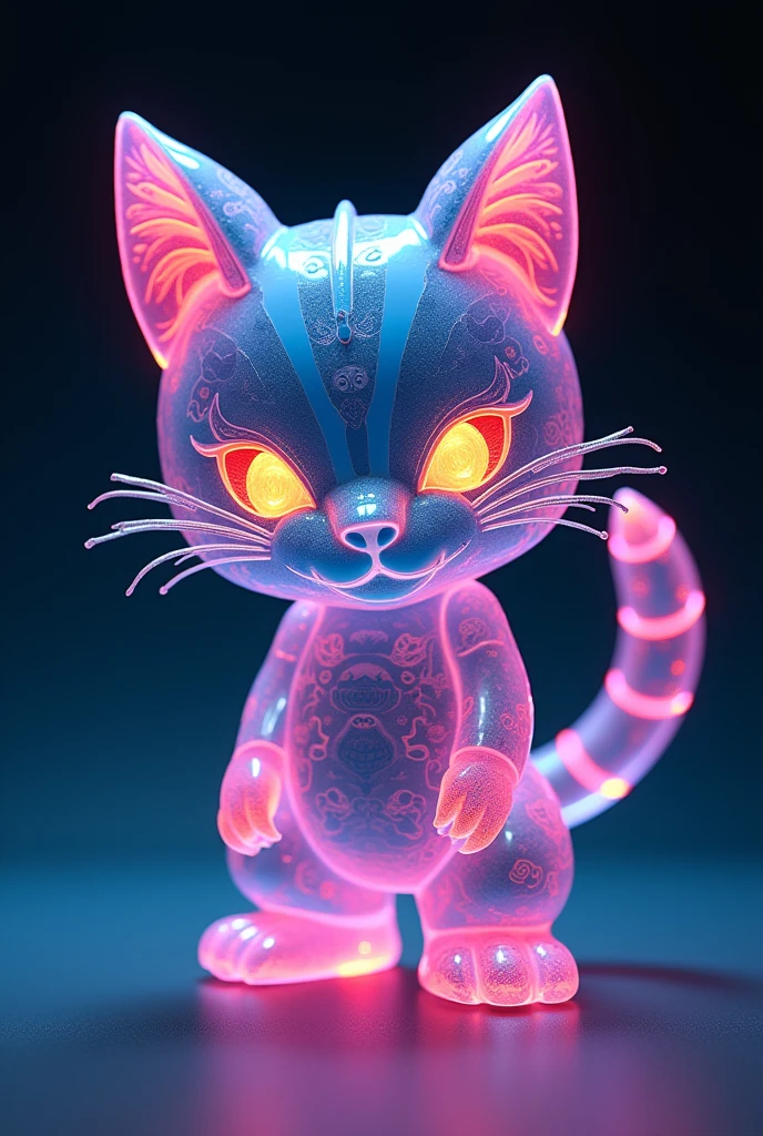 Make a 3D Japanese-style sofubi toy design of a kaiju cosplay cat art toy transparent with neon colors