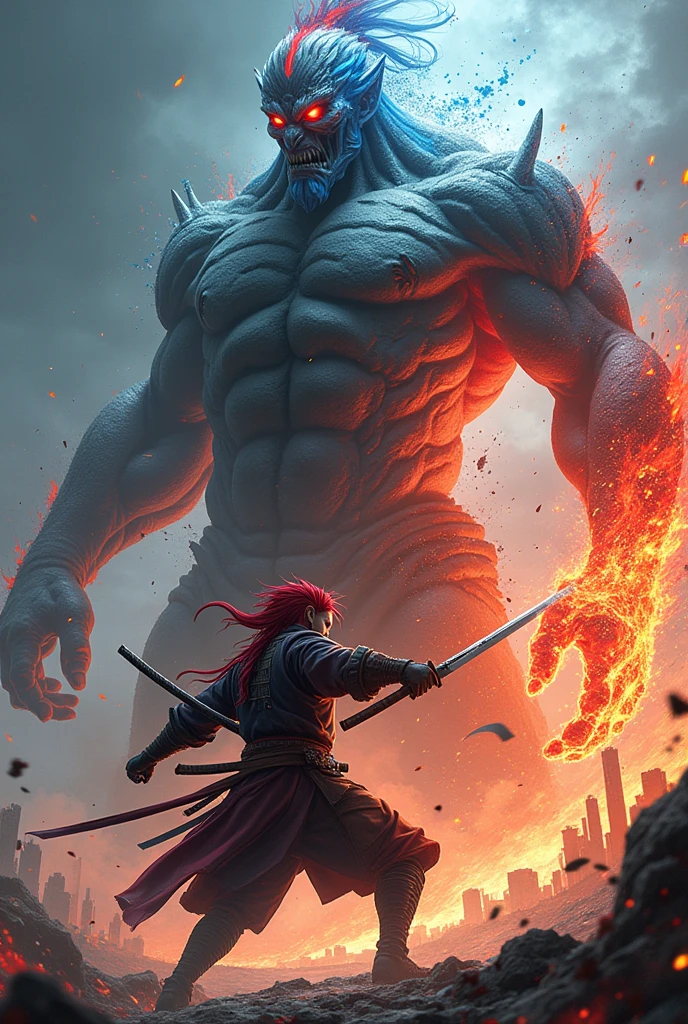 Two warriors saw from a distance a colossal Giant 1000 feet tall, he was emitting black fireballs from his mouth, His skin is burnt, his face is a skull, his hair is burnt, his eyes are burnt, largest muscle, he is 1000 feet tall, like a colossal Titan, (one piece art style), (view: low angle), Fire effect, smoke effect, destroyed tall buildings, he is very tall, blue skinned, his naked, 