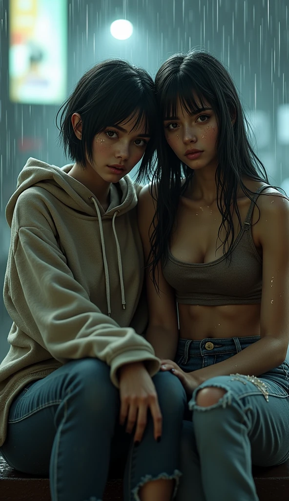 masterpiece, best quality, 2girls, (closeup), 18yo teen, slim, small breast, naked breast, nipple, open purple raincoat, sitting, in abandoned train, hugging, lode, smile, heavy rain, downpour, flood, wasteland, grey, desolate, rain, dark, watercolor, (topless:1.2), small breasts