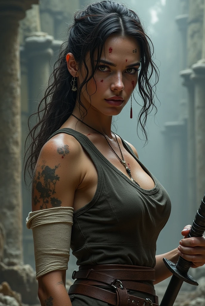 (best quality, hyperdetailed photography:1.2), beautiful lady, scar's face, tattoos breast,(muscular body:1.1),,dark makeup, dynasty warrior,,,, ponytail,badass woman,,,,(massive perfect breast:1.0), upper body portrait, (cinematic shot:1.5), (movie photography:1.2), cinematic lights,, (naked breast),(ultra detailed skin texture:1.3)