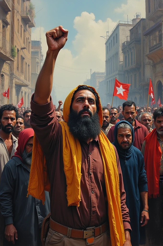 A group of people dressed in colorful hoods are protesting against injustice. The scene is set in a busy city street, with the protestors chanting slogans and holding signs. The mood is angry and defiant, and the atmosphere is charged with emotion. The style is abstract, and the image is rendered using a digital art technique