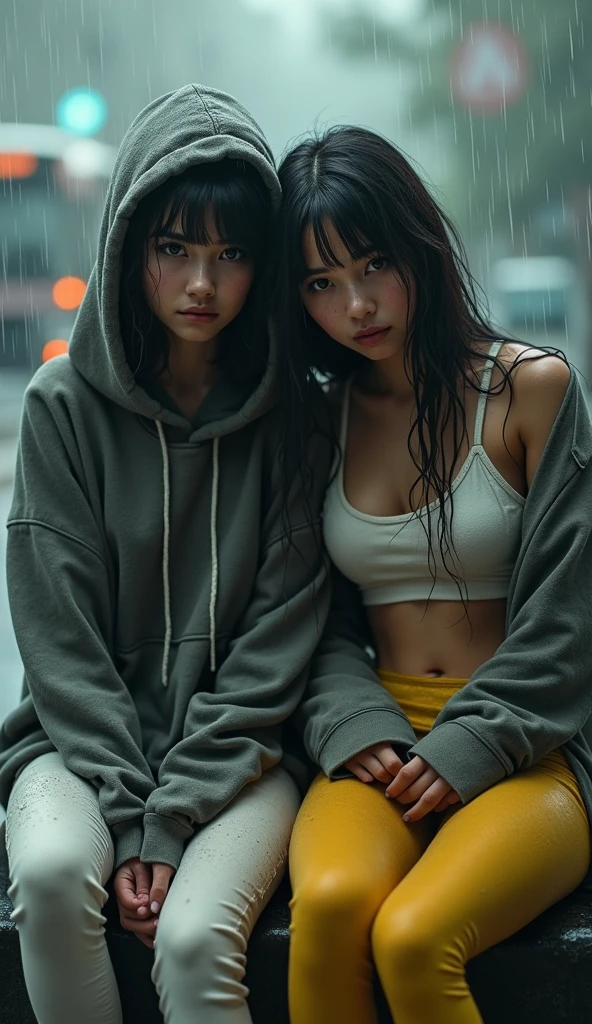 masterpiece, best quality, 2girls, (closeup:1.5), 18yo , slim, small breast, side view, sad, tired, dirty face, green raincoat, (backpacks), heavy rain, downpour, wasteland, train station, industrial ruins, grey, desolate, rain, dark, watercolor, analog, ((open coan:1.4)), ((topless:1.3))