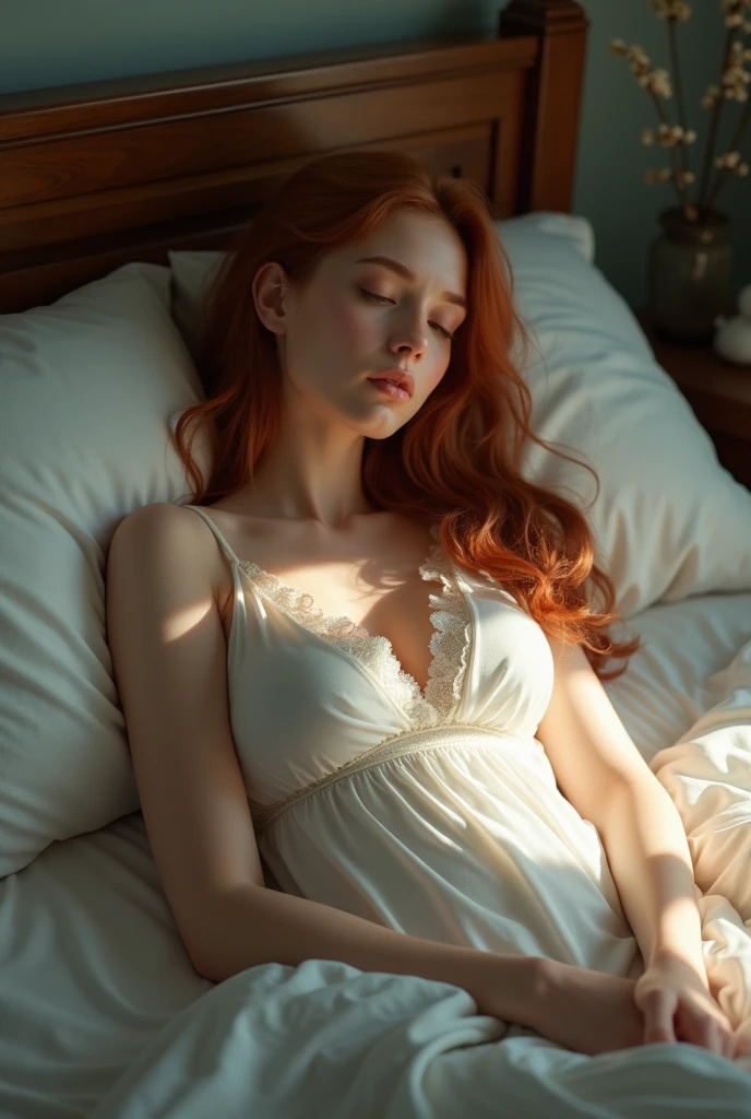 1girl in, age19, Solo, Aesthetic artwork, irish redhead, wavy ginger hair, shoulder length ginger hair, gray eyes, light grey eyes, some small freckles, pale skin, A-cup, small breasts, runners body, (textured skin, skin pores:1.1), (moles:0.8), imperfect skin, goosebumps, in a dark bedroom sitting down, relaxing, innocent, (laying down on bed:1.6), (extremely detailed 8k wallpaper), (soft lighting), high quality, film grain, Fujifilm XT3 sharp focus, f 5.6, 50mm, High Detail, Sharp focus, (boudoir light), (see through, pink Sleeping Gown :1.3), pokies, PILLOWS, ((Sleep in)), (Close eyes:1.1), sexy, crazy details, complex details, hyperdetailed