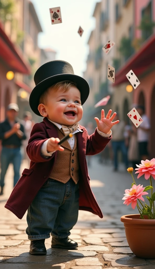 Masterpiece, 1boy Magician's outfit, Boy surrounded by playing cards, Playing cards in the air, holding the ace of spades in his hand, ((An exquisite playing card, Queen, Jack, 10, 9, 8, Diamonds、heart, club))