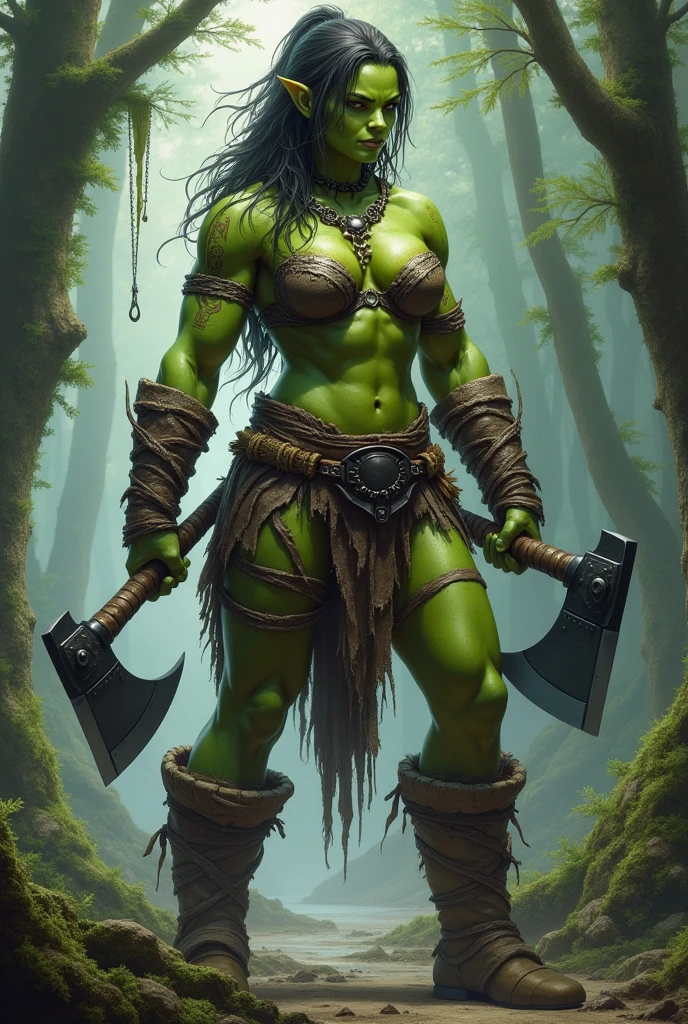 (best quality,4k,8k,highres,masterpiece:1.2),ultra-detailed, female orc wielding an ax, BULKY, smiling and laughing while in battle, under bite, Orc Diffusion, HDR, 8k, absurdres, cinestill 800, sharp focus, add_detail:2, (solo, woman)