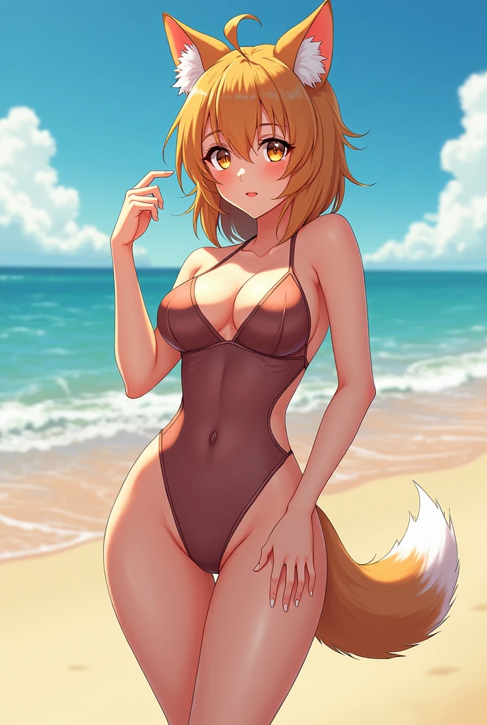 Fox girl, (((furry))), furry, golden fur, long blonde hair, golden fur all over, golden fur on the hands, forelimb hands, golden fur on the back of the hands, palm fur, eyes with light, reddish-orange eyes, super cute face, brown elements on fur, ambient light, super fine fur, volumetric light, night, seaside, clouds in the sky, blue day, natural lighting, smile, fluffy tail, color contact lenses, bright pupillack bikini, nude, topless, black thigh high stockings, covered in sticky fluid