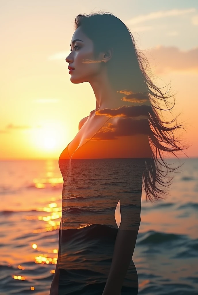 Beautiful sunset with lake and trees background, colorful sky, surreal colors, colorful sunset, colorful sky, wonderful reflection of sky, stunning sky, dreamy atmosphere 8k, colorful clouds, colors reflecting on the lake, surreal sky, red and blue reflection, reflection of fire, beautiful sky, beautiful spectacular sunset, one nude woman in the sunset, beautiful young Japan, nude woman without clothes, beautiful dreamy landscape, There is a wonderful sky