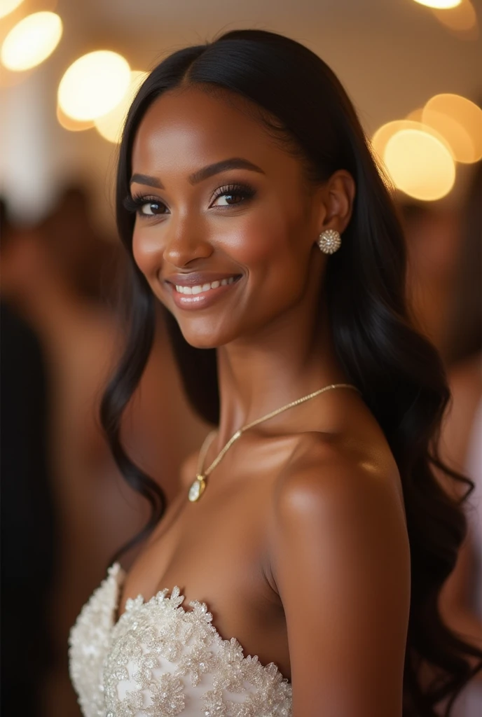 Realistic full body photo of a smiling black young girl with long hair, black skin, ponytail hairstyle, She dances in front of the camera in a long A-line wedding dress with straps made of shiny satin., Park,glamour fotoshooting, Wedding celebration, perfect anatomy, perfect brown eyes. Perfect hands with 5 fingers on each hand, Matching girl, look into the camera, 1 Frau. (Eye make up:1.1), (highly detailed skin:1.1), spirit, analog style, keen focus, 8K  UHD, dslr, good quality, Fujifilm XT3, Grain, Award-winning, ​masterpiece. Wedding celebration