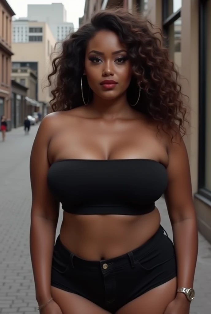 A busty and big-assed plus size woman dressed in mini clothes with long curly black hair, curtain/brunette 1,56 tall with arm covered in fineline tattoos, wears white cat-eye glasses and a septum piercing