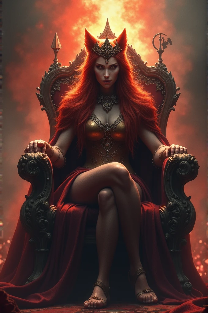 Sexy fire goddess, long flaming ginger hair, very curly hair, very wavy hair, windblown hair, bushy voluminous hair, deep scarlet eyes, sparking dangerous eyes, sharp jawline, thin but hard mouth, broad shoulders, massive breasts, tight waist, thicc butt and thighs, loose transparent scarlet silk blouse, extremely tight scarlet bra worn under her blouse, orange high heels with gold jewels, orange stockings with red flame designs, scarlet skirt with black armored chains, fiery red gold crown, orange metal gauntlets with red flames emanating from them, dual-wielding swords made of flaming ruby, powerful goddess, throne of fire in a volcano, goddess’s throne room in the base of a volcano, lava, very intricate and detailed background scene, highly detailed, goddess, powerful, sexy, real, incredibly realistic and hyper detailed fantasy art of a mythical goddess