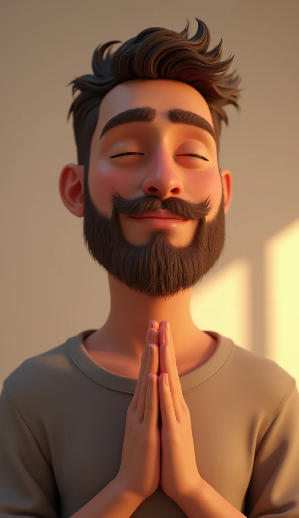 A boy with beard and with slope haircut and standing in namaste pose