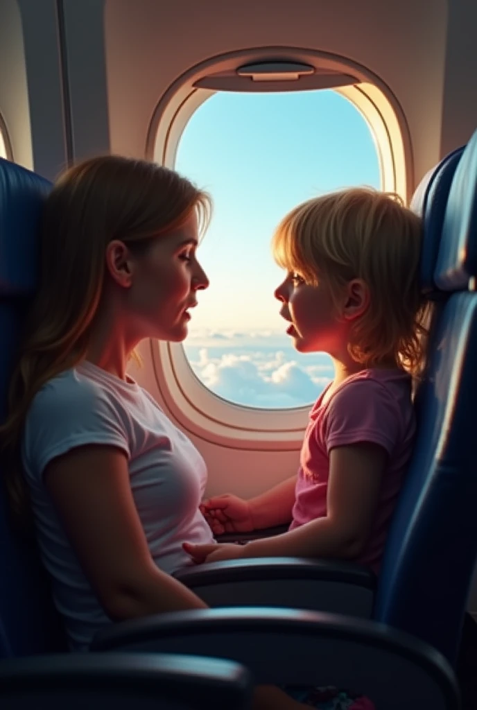 Create an image of a mother taking a photo with her child daughter, making them look alike, beautiful and realistic on an airplane
