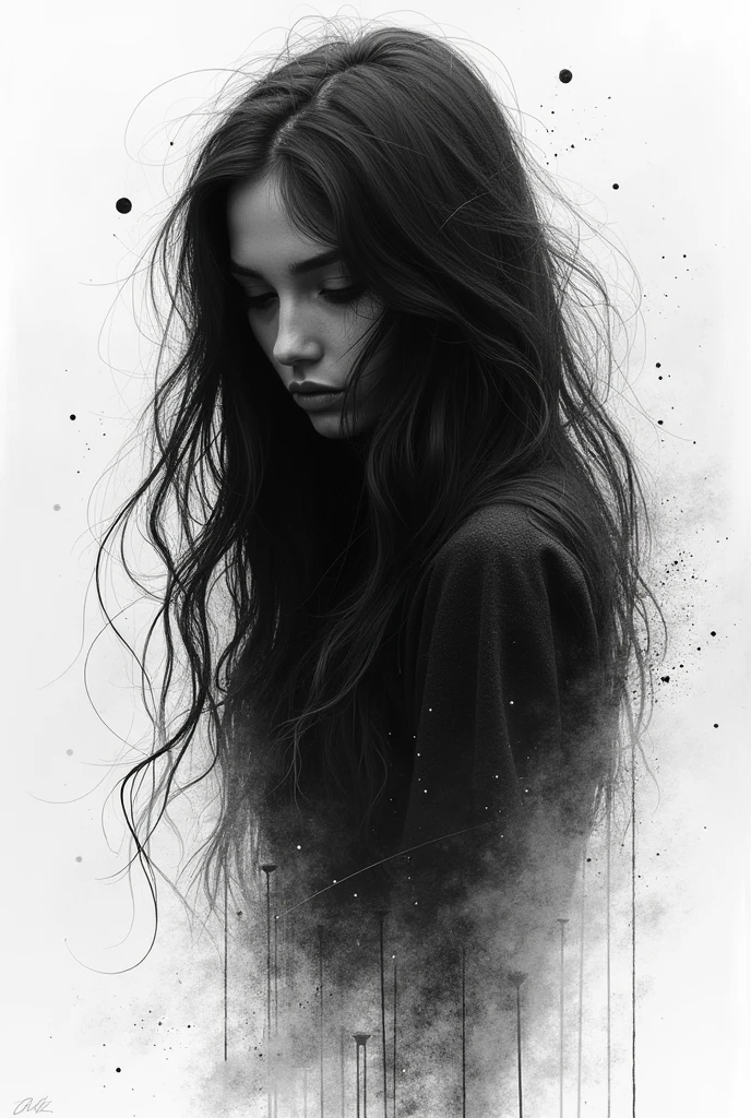 Abstract (black and white) watercolor painting of a bunch of a girl crying in the rain, and allowing water to drip from the rim, masterpiece, in the style of Andy Warhol