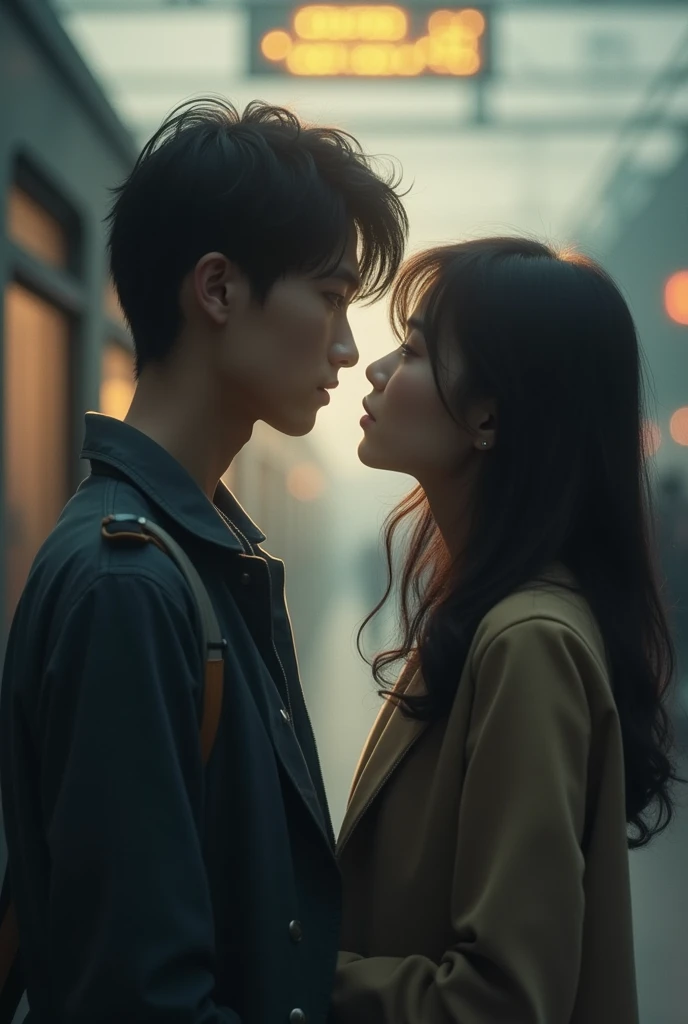 a beautiful japanese woman with messy bun highlighted brown hair, turtle neck light green floral print inner top and blue jeans skirt, the woman is istting in a rooftop garden, the woman's face was sulky and the man persuaded her. the man is handsome japanese man wearing void black coat, turtle neck inner top. particles and nice lighting, UHD, HDR, 8k, Masterpiece, close up, realistic, hyper realisitc, over shoulder shot, facing camera