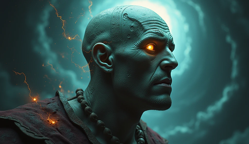 a digital illustration of indian old man with no hair, glowing eyes, red and blue lighting, horror ambience, thriller,
