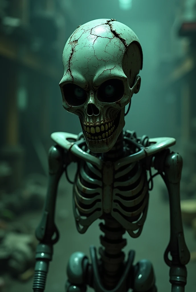 Horror-themed movie stills,Skeleton,huge、Eyes glow red、 Shallow depth of field, Vignette, Very detailed, High budget, Bokeh, CinemaScope, Sulky, amazing, nice, Film Grain, granular . Creepy, Anxious, dark, Creepyな, Suspenseful, strict, Very detailed