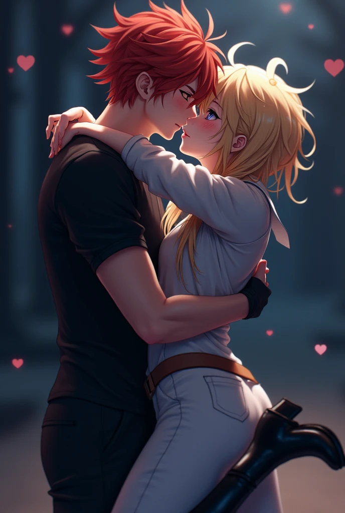 Handsome anime guy with red messy hair, red eyes, black shirt, black pants, kisses handsome anime guy with blonde messy hair, blue eyes, white shirt, white pants, black boots, black jacket, night background, 3d art,